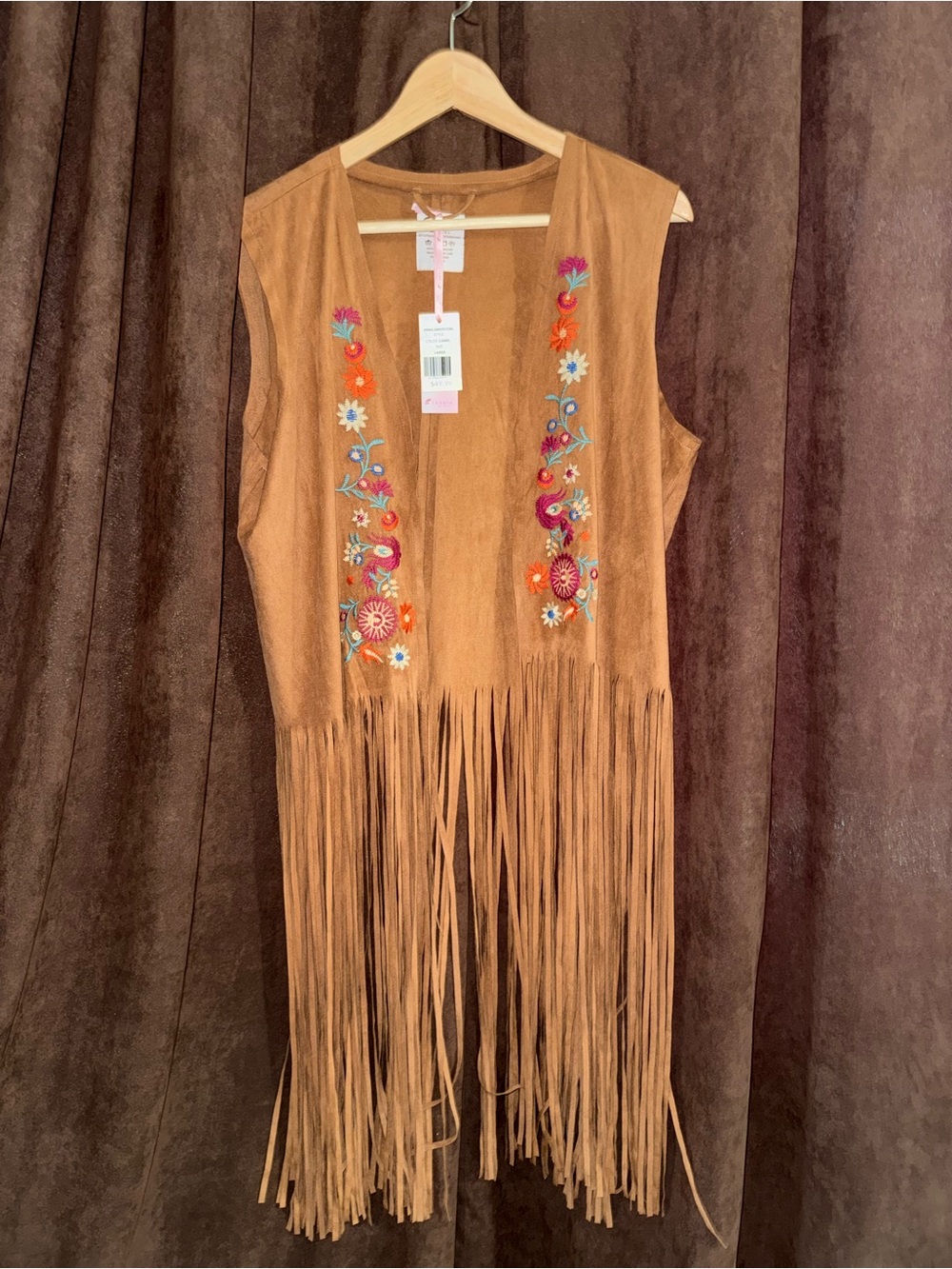 Fringed Suede Embroidered Vest in Light Brown - Picture 2 of 4
